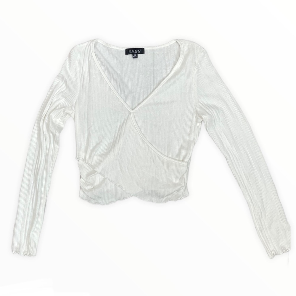 La La Land Ribbed Criss Cross Ruffled Sleeves Top